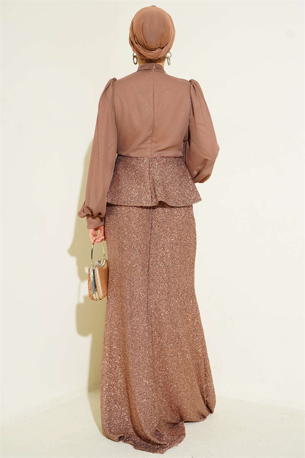Shiny Sequin Detail Evening Dress 2 Piece Set in Brown