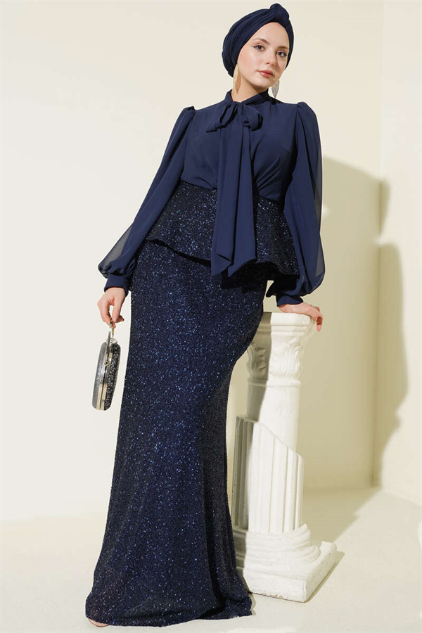 Navy Blue Two-Piece Evening Dress 2 Piece Set with Shiny Sequin Details