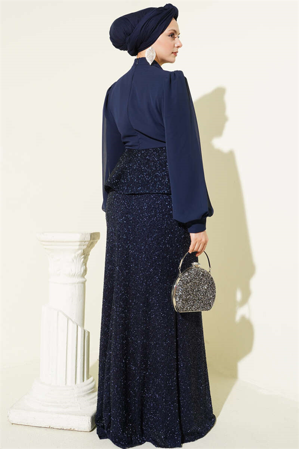 Navy Blue Two-Piece Evening Dress 2 Piece Set with Shiny Sequin Details
