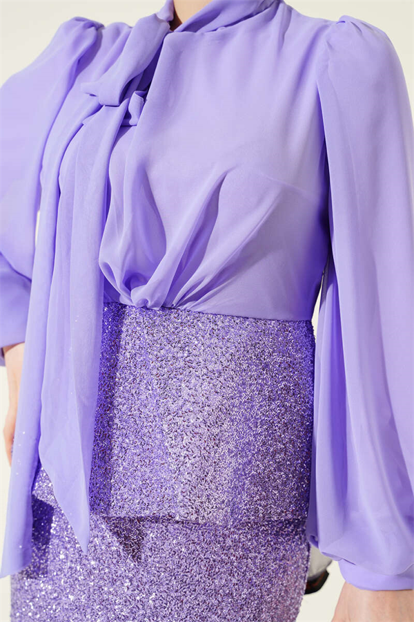 Two-Piece Evening Dress 2 Piece Set with Shiny Sequin Details, Lilac