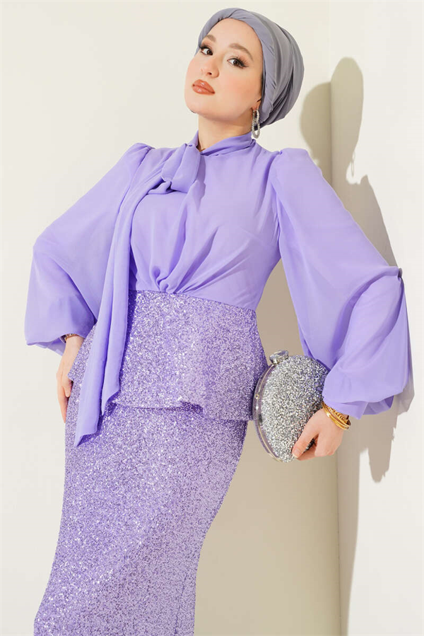 Two-Piece Evening Dress 2 Piece Set with Shiny Sequin Details, Lilac