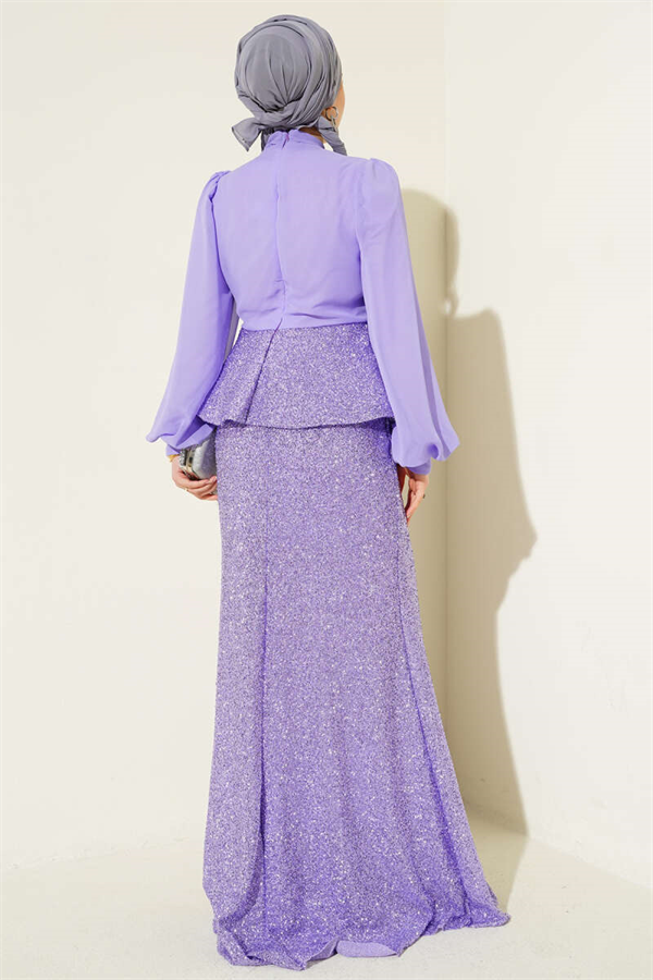 Two-Piece Evening Dress 2 Piece Set with Shiny Sequin Details, Lilac
