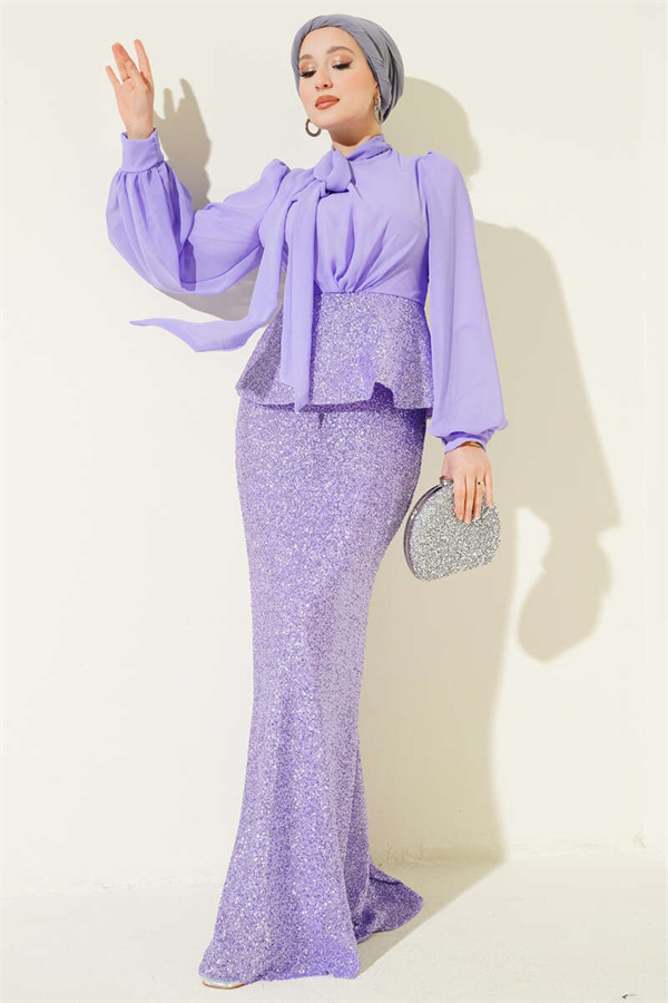 Two-Piece Evening Dress 2 Piece Set with Shiny Sequin Details, Lilac