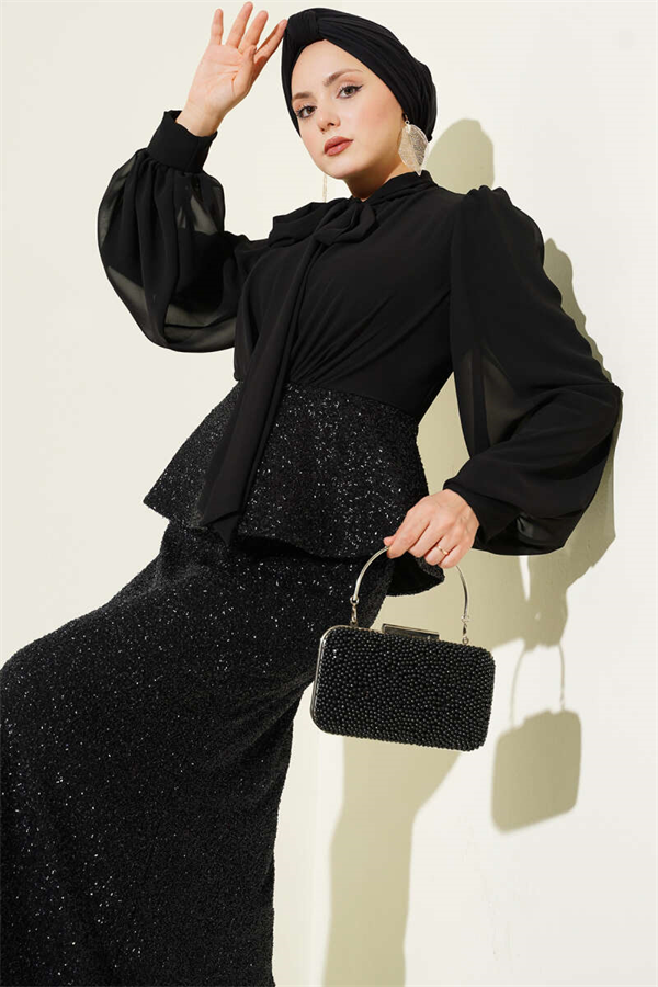 Shiny Sequin Detail Evening Dress 2 Piece Set Black