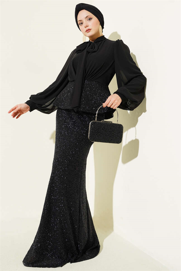 Shiny Sequin Detail Evening Dress 2 Piece Set Black