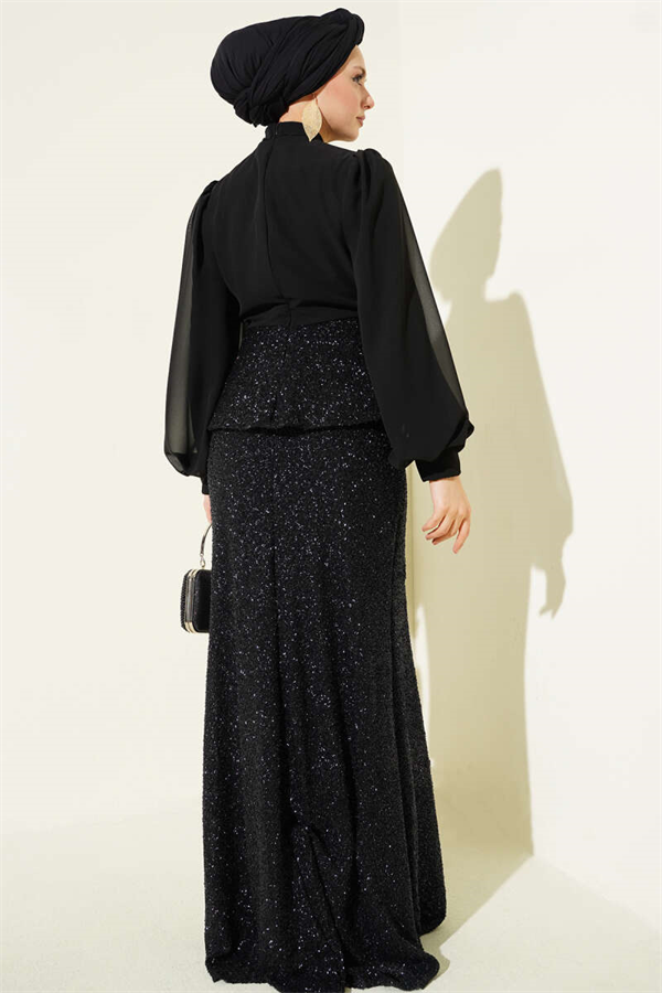 Shiny Sequin Detail Evening Dress 2 Piece Set Black