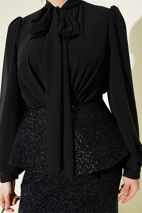 Shiny Sequin Detail Evening Dress 2 Piece Set Black