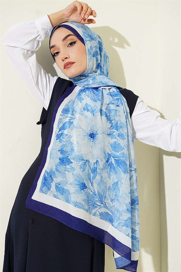 Pastel Floral Bamboo Crush Scarf Navy Blue