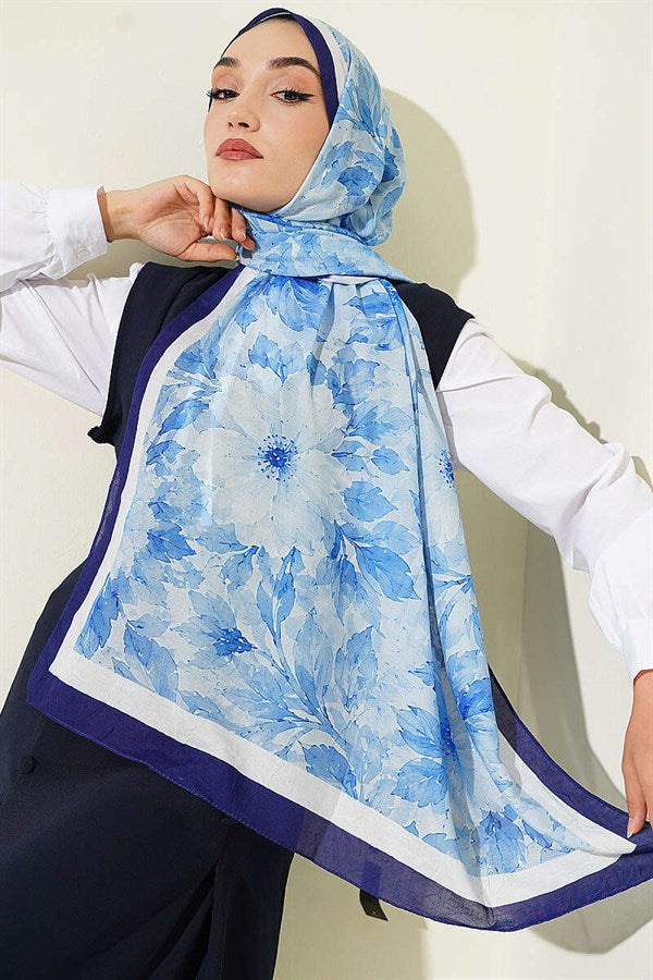 Pastel Floral Bamboo Crush Scarf Navy Blue