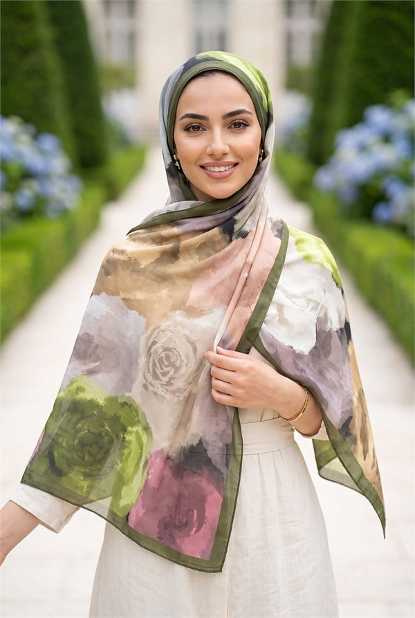 Pastel Rose Patterned Scarf Series Khaki