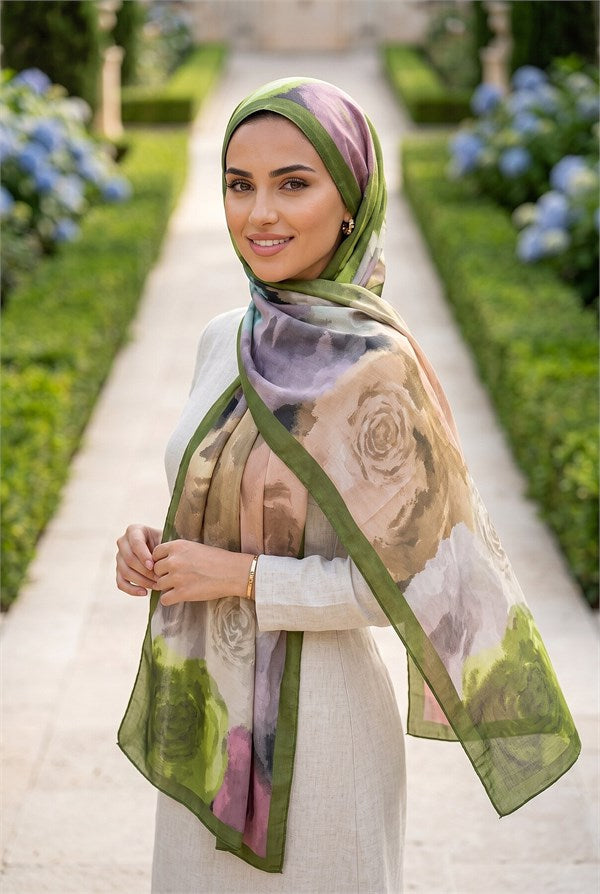Pastel Rose Patterned Scarf Series Khaki