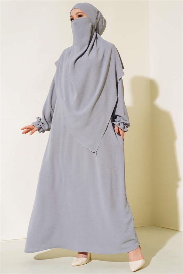 Wide Abaya with Veil Gray