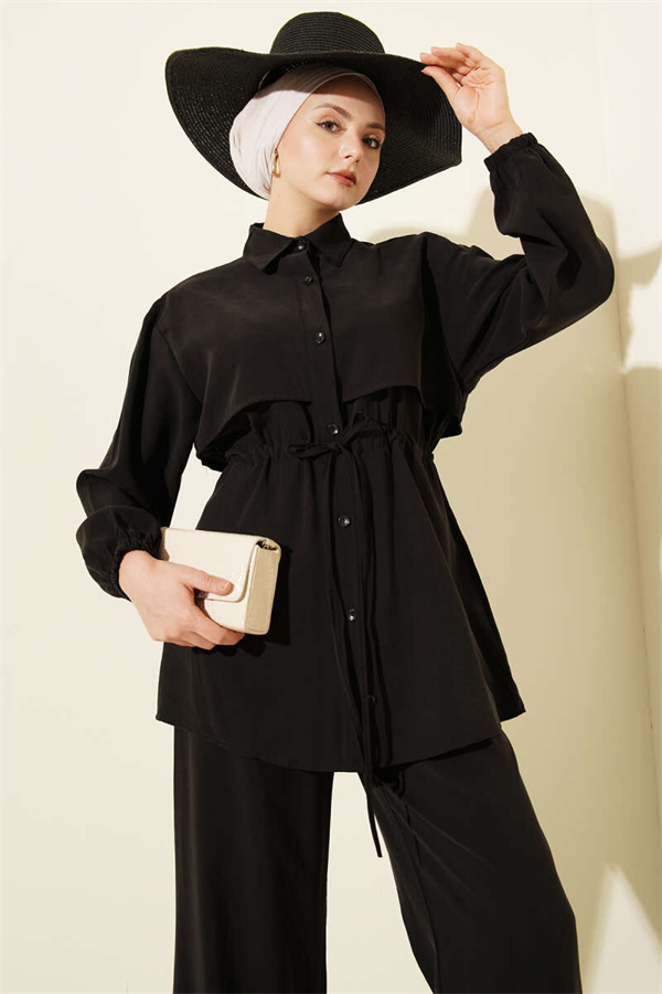 Cape with Waist Tunnel Modal 2 Piece Set, Black