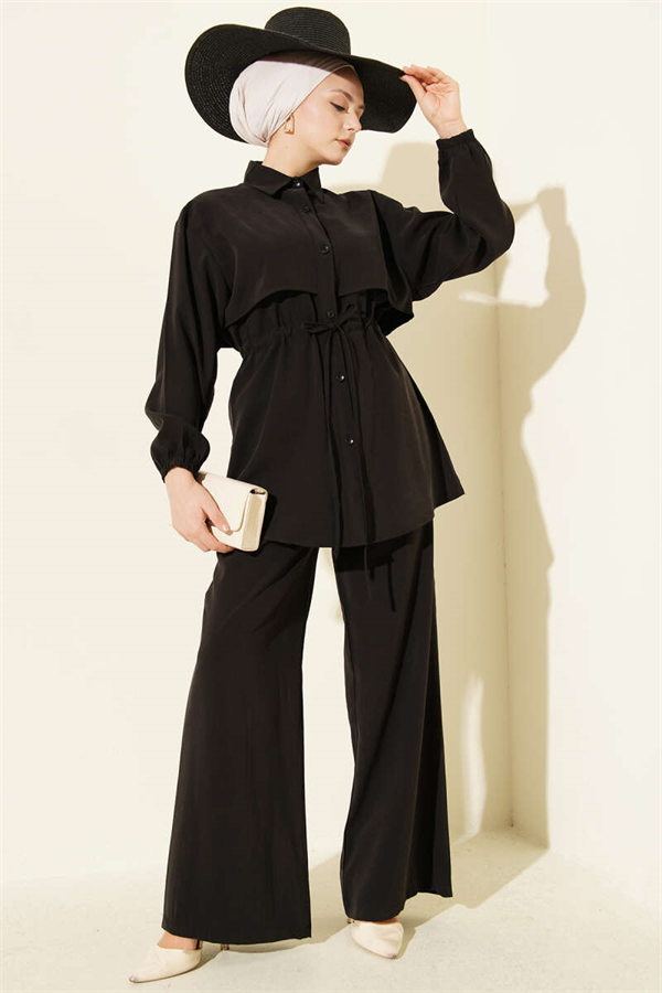 Cape with Waist Tunnel Modal 2 Piece Set, Black