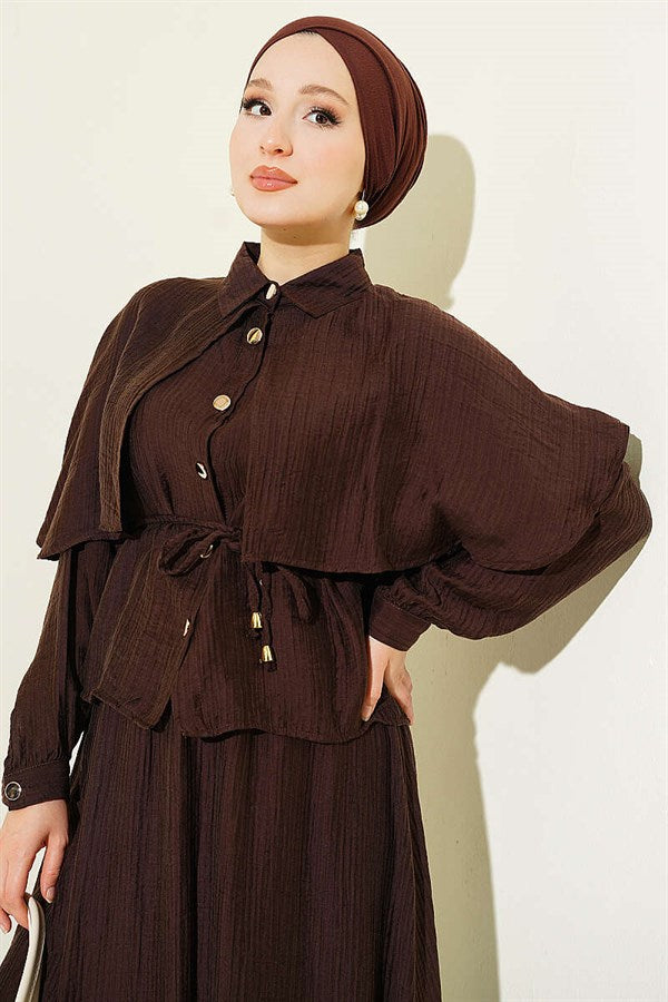 Cape, Blouse and Skirt 2 Piece Set, Coffee