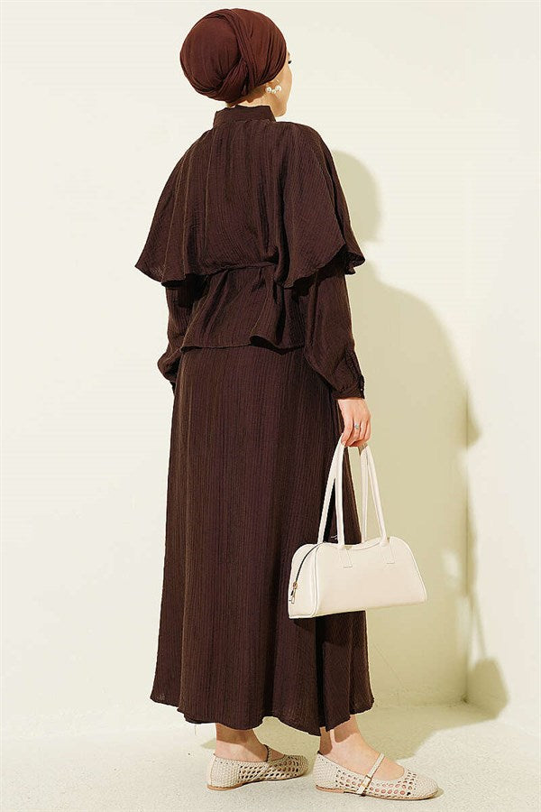 Cape, Blouse and Skirt 2 Piece Set, Coffee