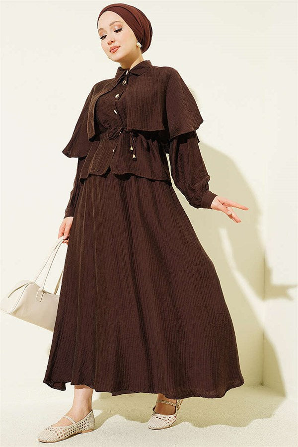 Cape, Blouse and Skirt 2 Piece Set, Coffee