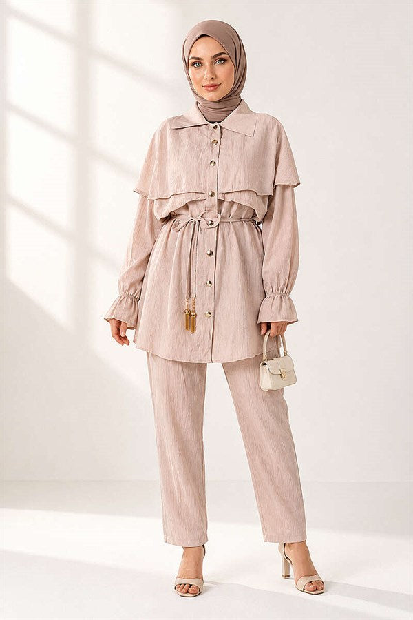 Two-Piece Beige Buttoned Cape Set