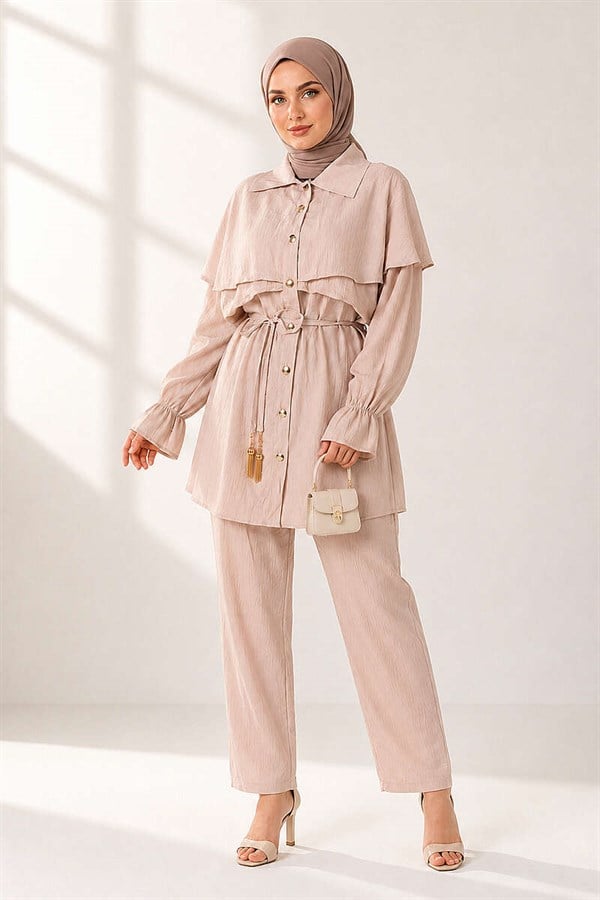 Two-Piece Beige Buttoned Cape Set