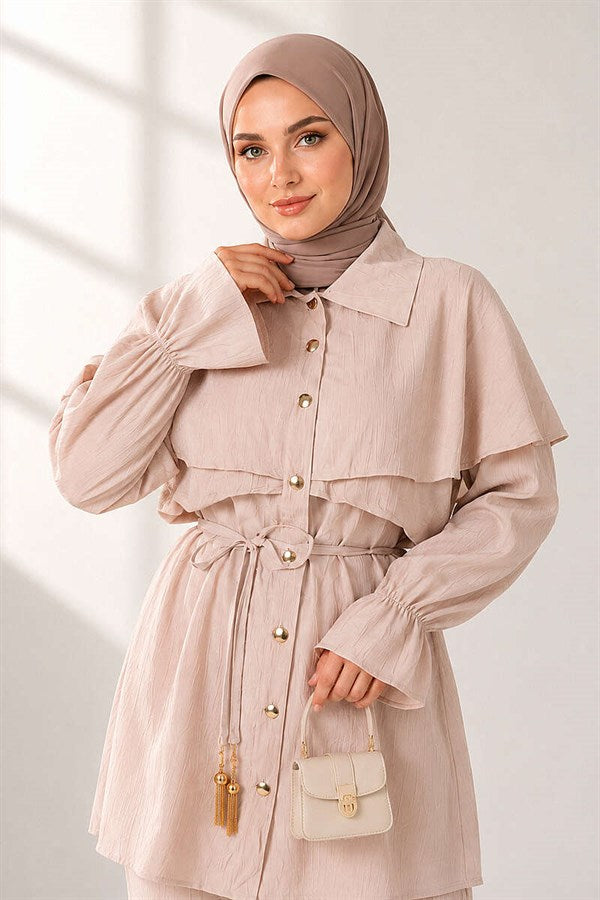Two-Piece Beige Buttoned Cape Set