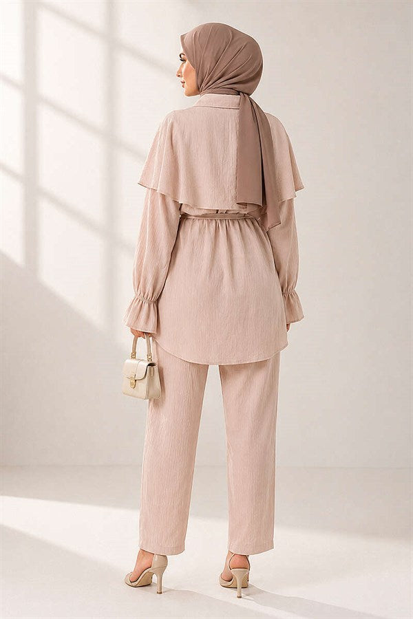 Two-Piece Beige Buttoned Cape Set