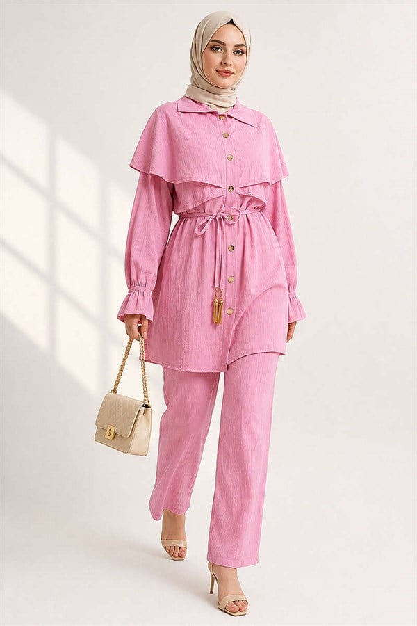 Pink Buttoned Cape 2 Piece Set