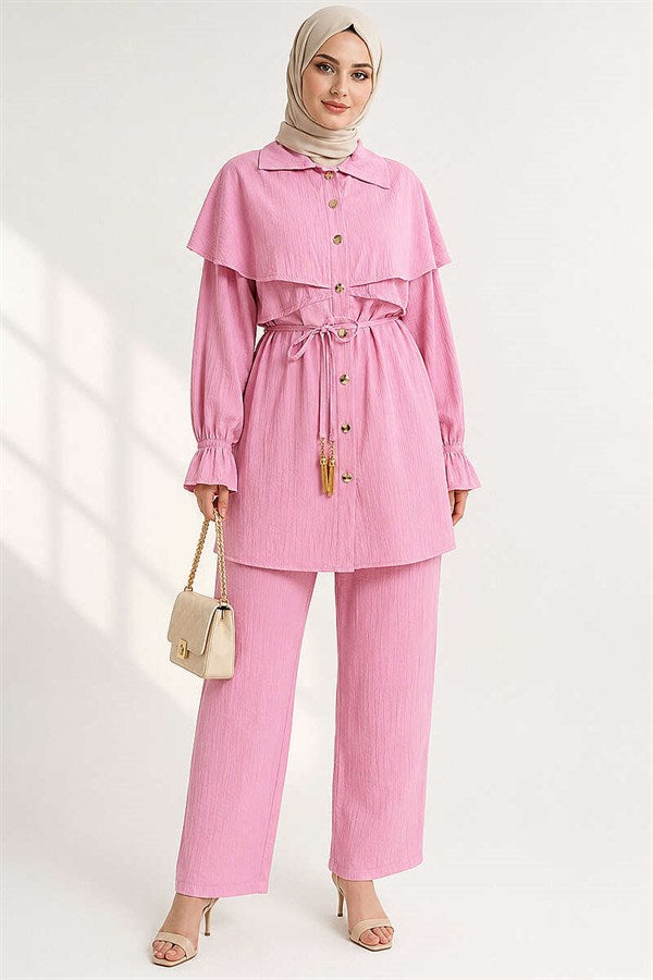 Pink Buttoned Cape 2 Piece Set
