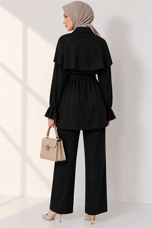 Black 2 Piece Set with Cape Detail and Buttons