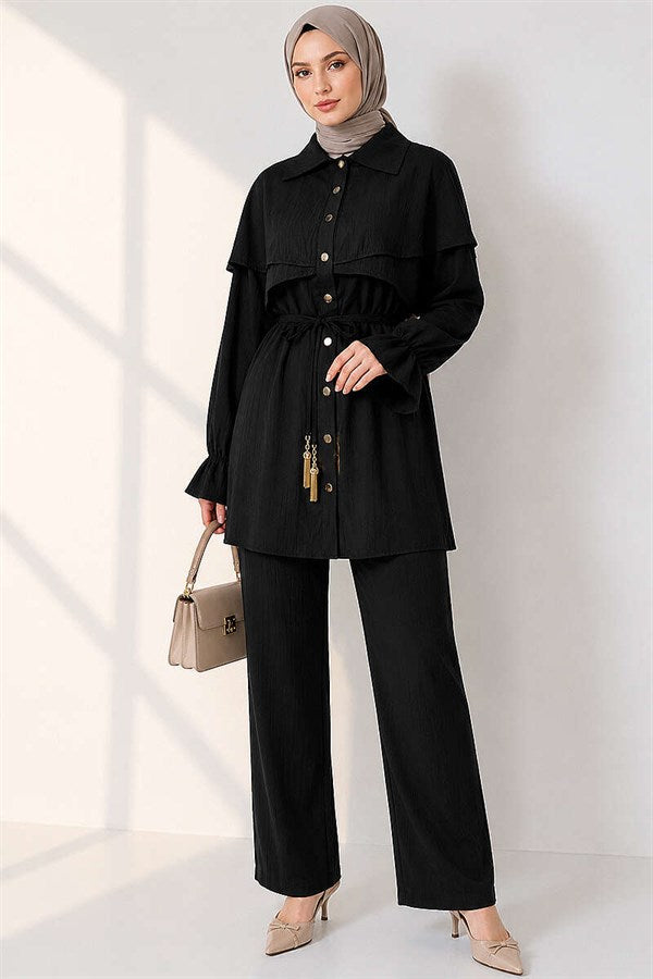 Black 2 Piece Set with Cape Detail and Buttons