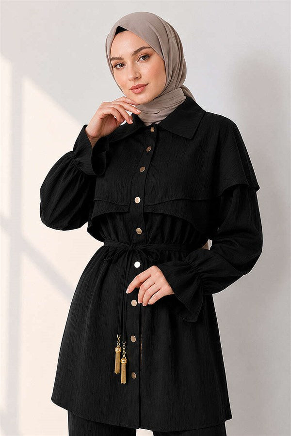 Black 2 Piece Set with Cape Detail and Buttons