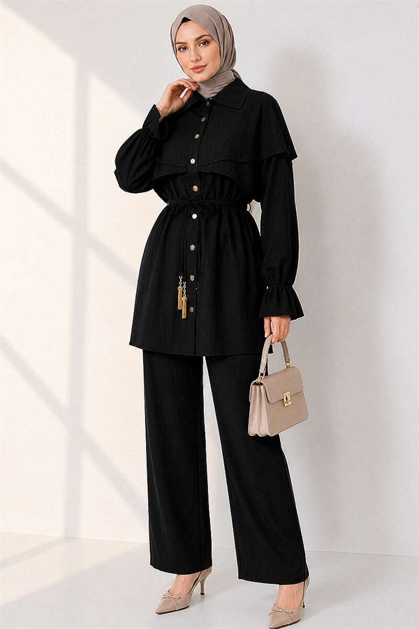 Black 2 Piece Set with Cape Detail and Buttons