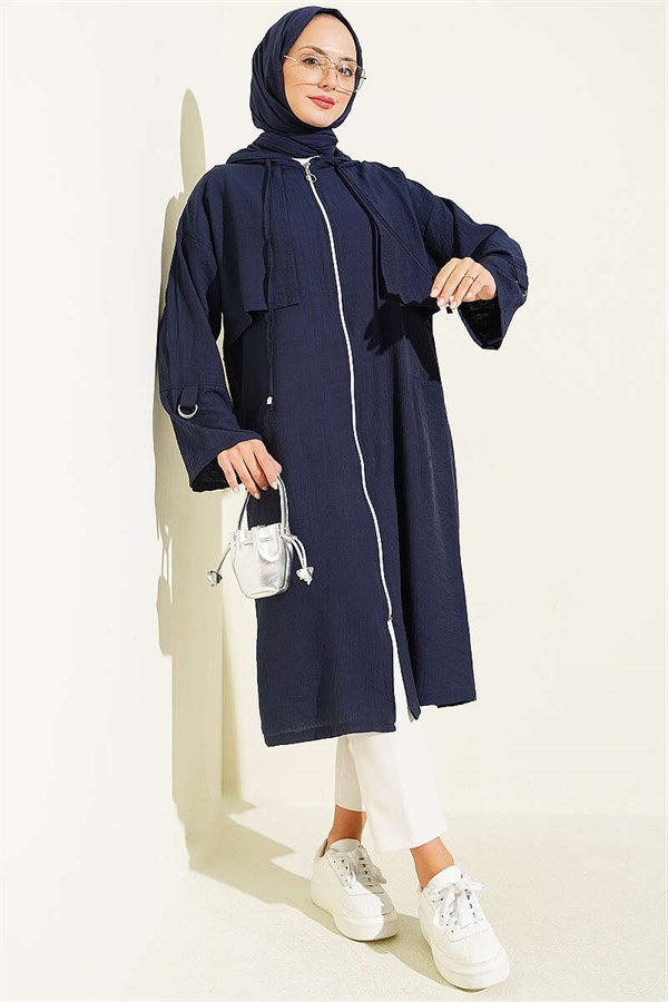 Hooded Jacket with Cape Detail, Navy Blue
