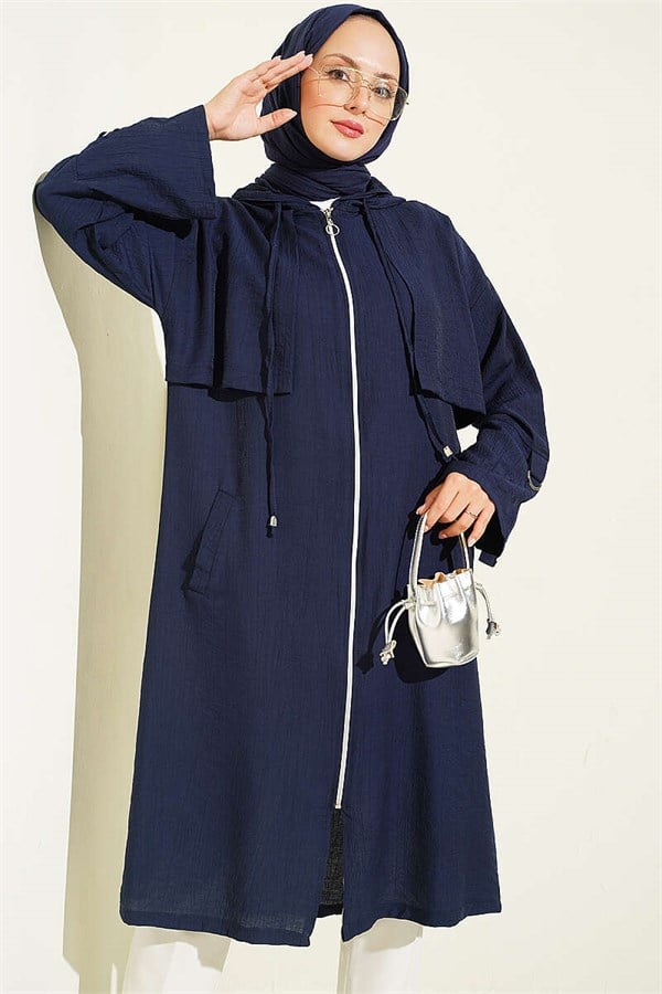 Hooded Jacket with Cape Detail, Navy Blue