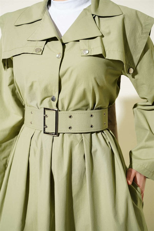 Cape Detail Belted Dress in Sage Green
