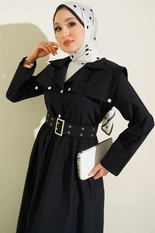 Cape Detail Belted Dress Black