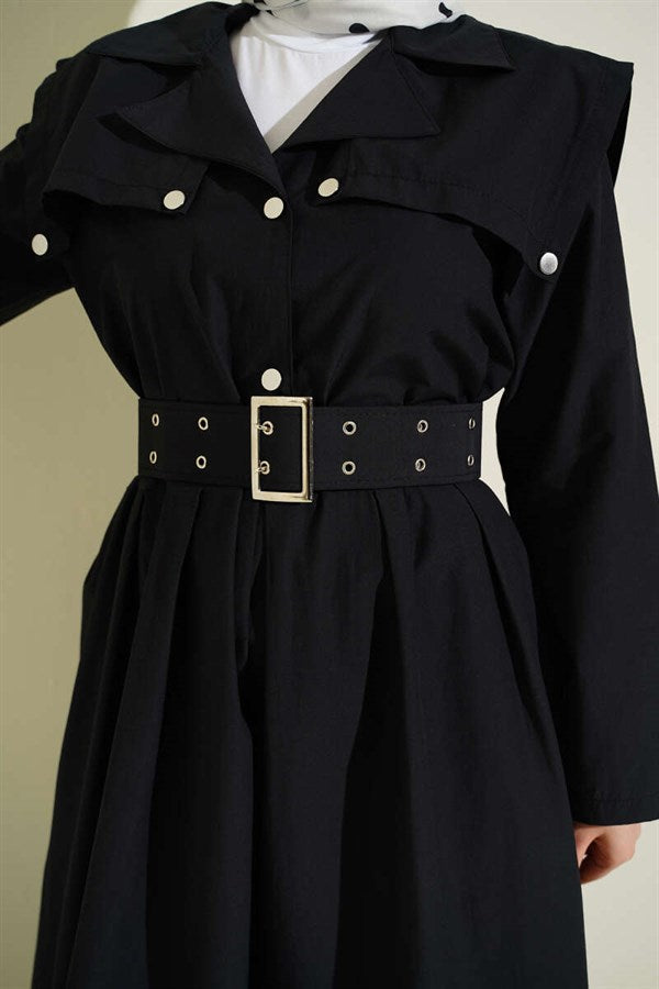 Cape Detail Belted Dress Black