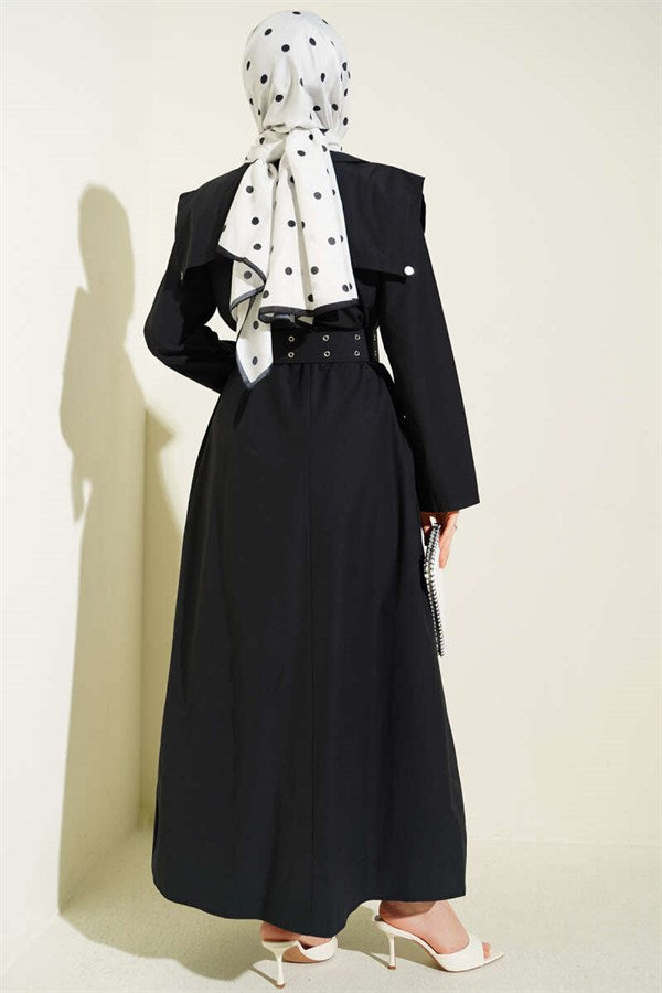 Cape Detail Belted Dress Black