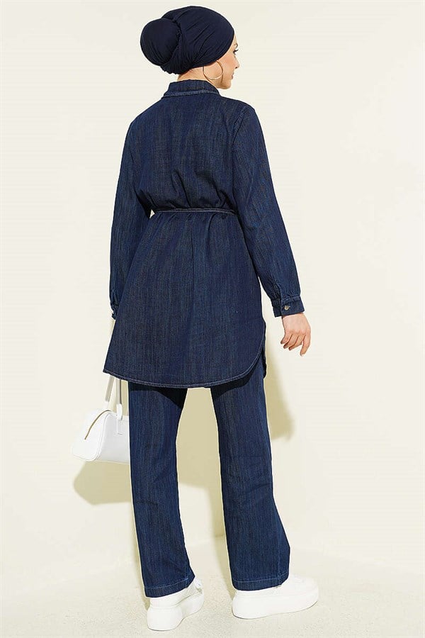 Navy Blue Denim 2 Piece Set with Cape Detail