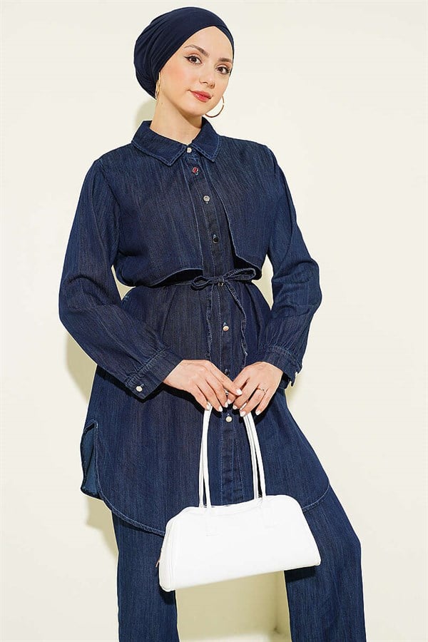 Navy Blue Denim 2 Piece Set with Cape Detail