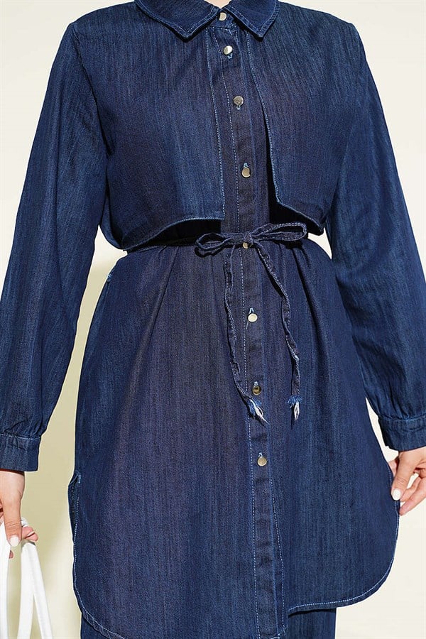Navy Blue Denim 2 Piece Set with Cape Detail
