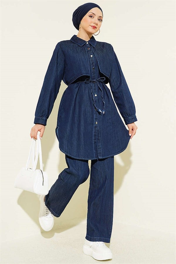 Navy Blue Denim 2 Piece Set with Cape Detail