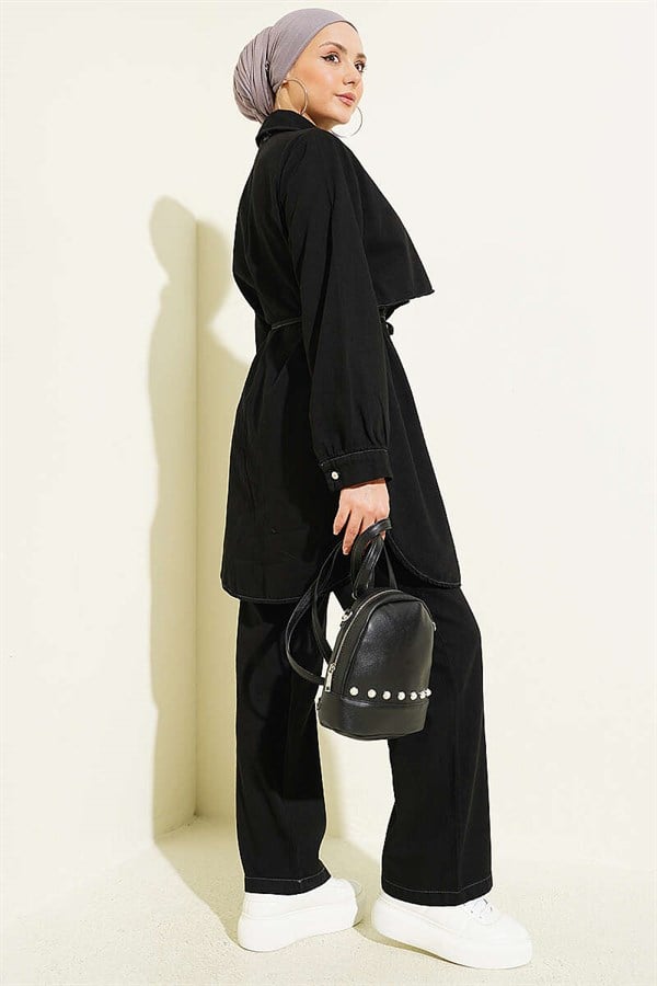 Cape Detail Denim 2 Piece Set, Black