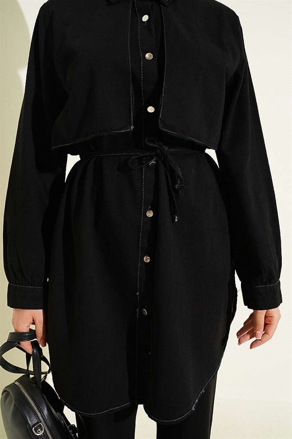 Cape Detail Denim 2 Piece Set, Black