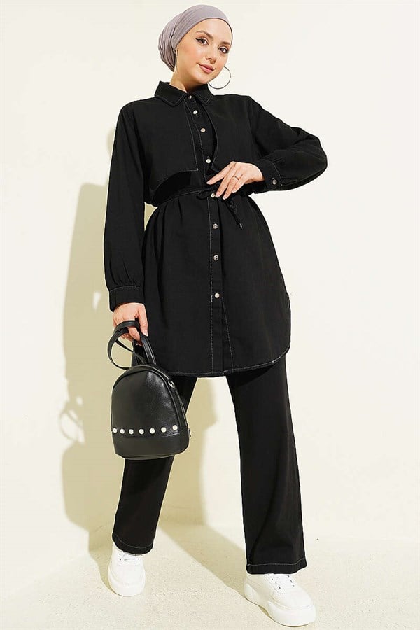 Cape Detail Denim 2 Piece Set, Black