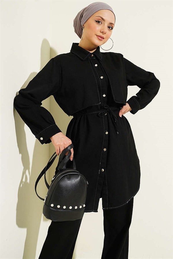Cape Detail Denim 2 Piece Set, Black