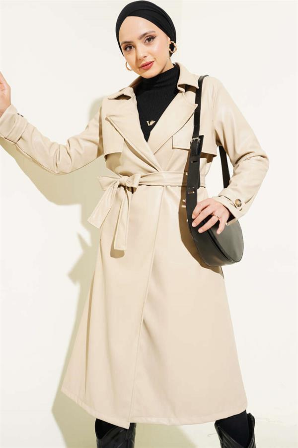 Belted Leather Trench Coat with Cape Detail Beige