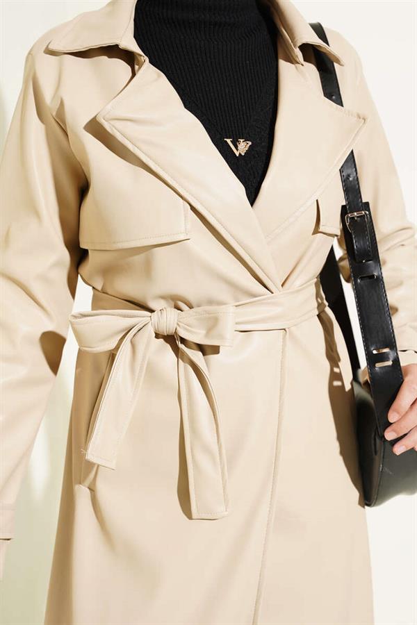 Belted Leather Trench Coat with Cape Detail Beige