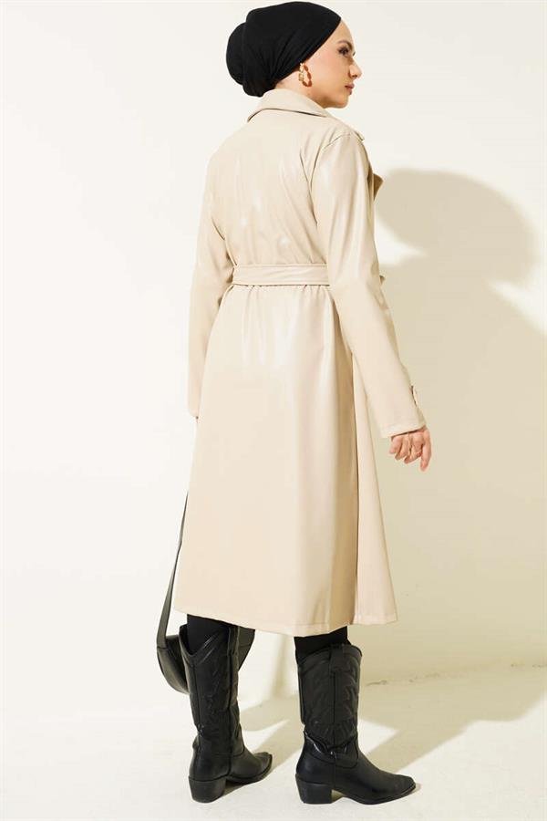 Belted Leather Trench Coat with Cape Detail Beige