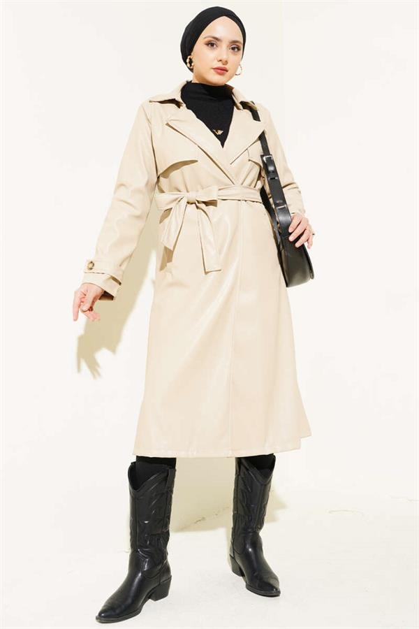 Belted Leather Trench Coat with Cape Detail Beige
