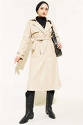 Belted Leather Trench Coat with Cape Detail Beige